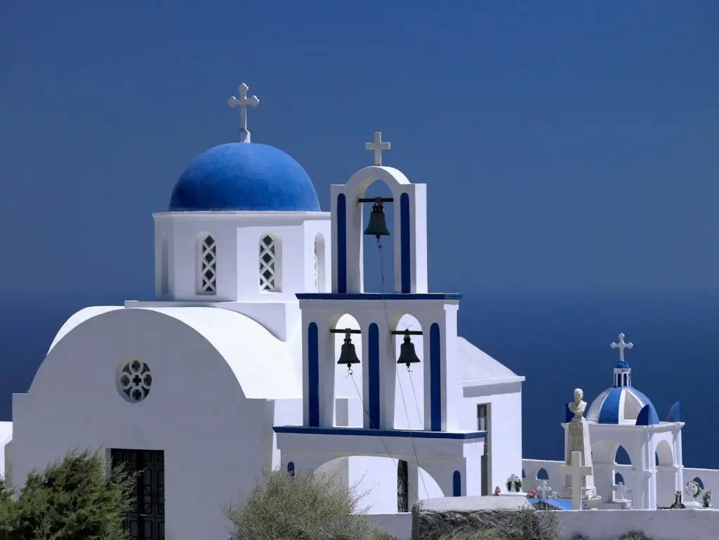 A Greek Orthodox Church on the volcanic island of Santorini in the Aegean Sea