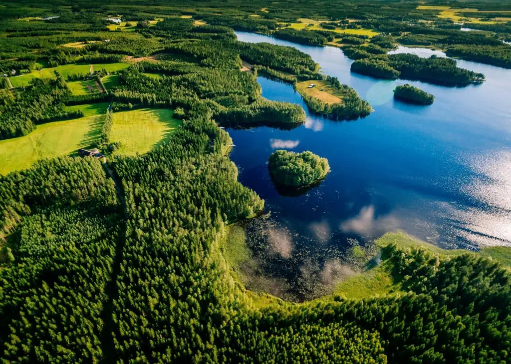 Aerial view of blue lakes and green forests on a sunny summer day in Finland.