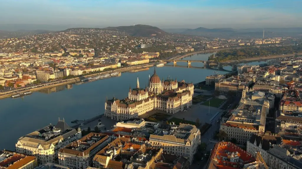 Aerial view of Hungarian Parliament Building in Budapest, Hungary