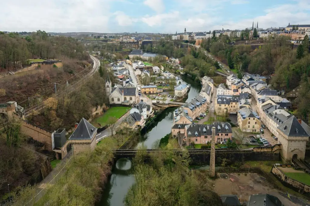 Aerial view of Luxembourg with Alzette River and Vauban Towers - Luxembourg City, Luxembourg