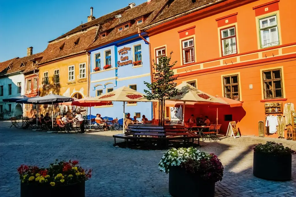Beautiful streets of the Romanian city of Sighisoara, with colorful houses
