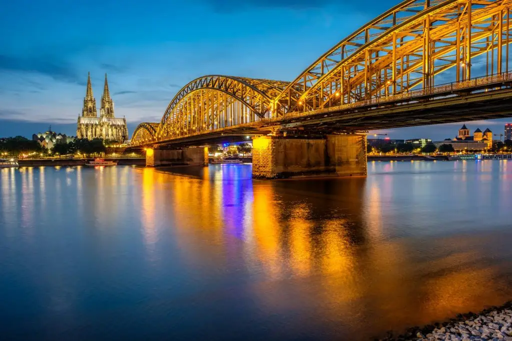 Cologne Cathedral and Hohenzollern Bridge at night, Germany