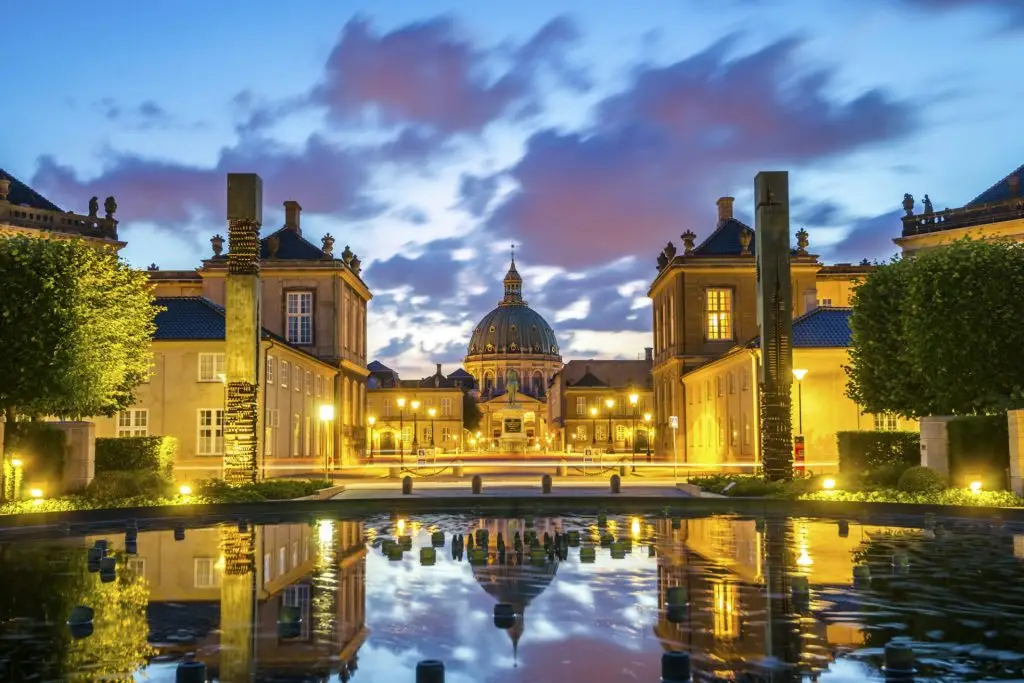 Denmark, Copenhagen, lighted Amalienborg Castle