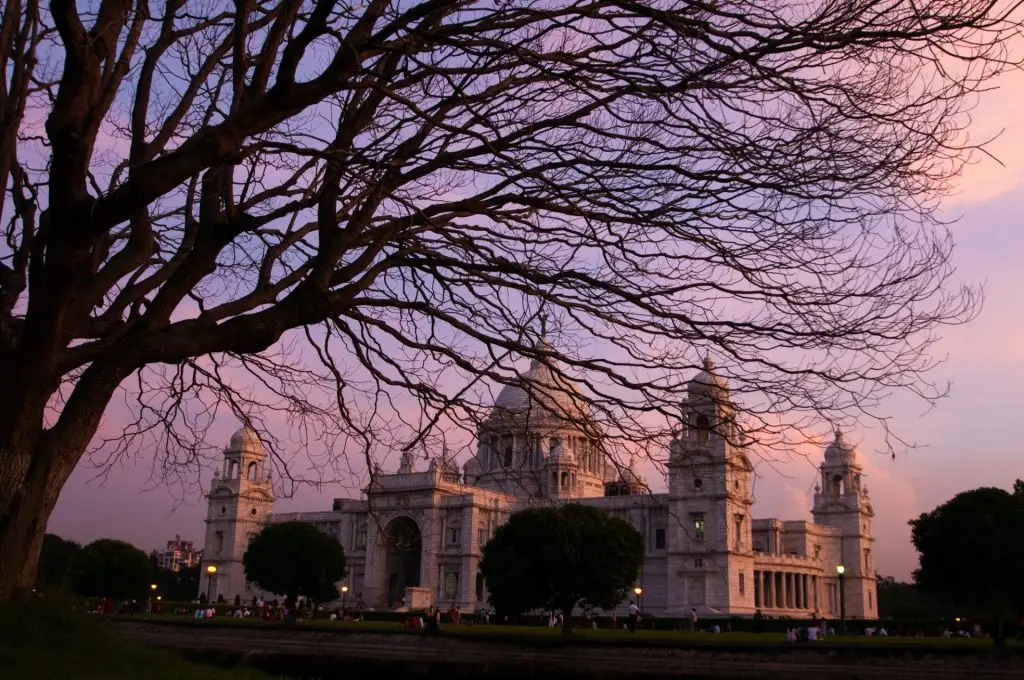 Historic Victoria Memorial architectural monument and museum at sunset. Kolkata, India.