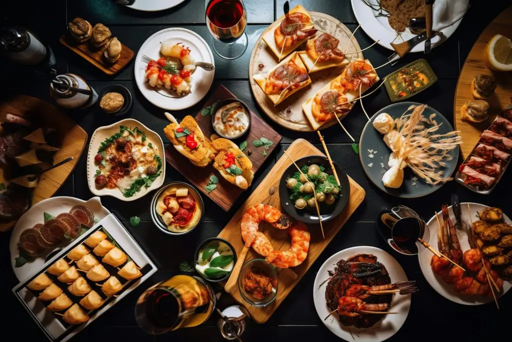 Pinchos and tapas typical of the Basque Country, Spain. Selection of different foods to choose from