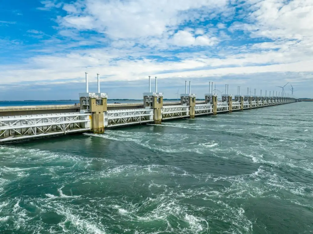 Storm Surge Barrier in the Netherlands With Water Passing Through