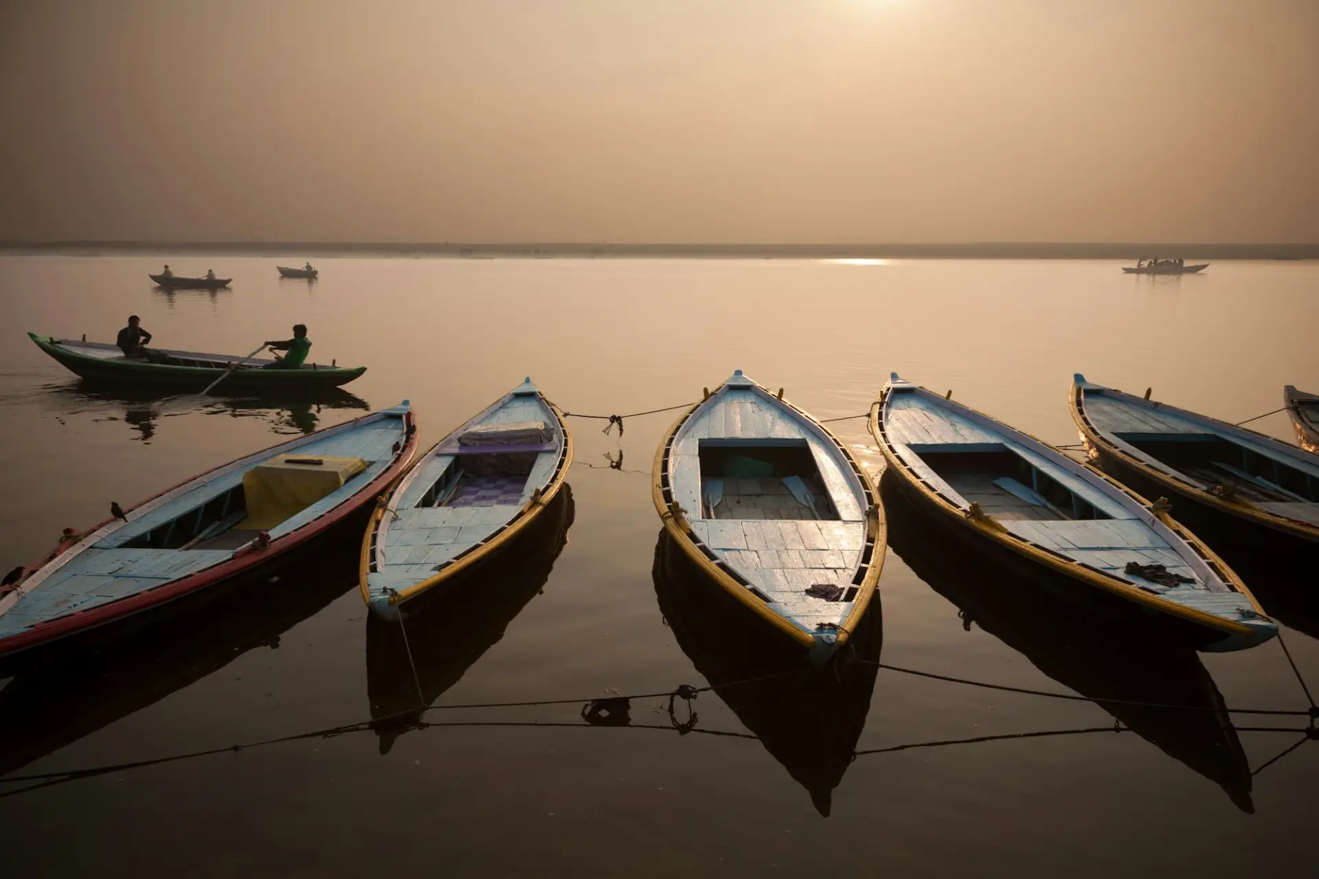 The sacred Ganges River at dawn, in Varanasi, India