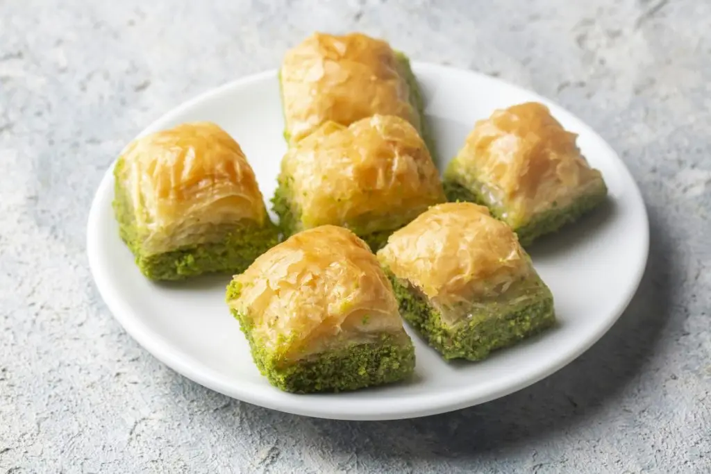 Traditional delicious Turkish dessert; pistachio baklava (Turkish name; kuru baklava)