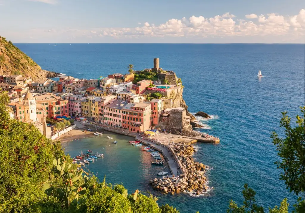 View from top on Vernazza city and beach with boats in Cinque terre. Liguria, Italy