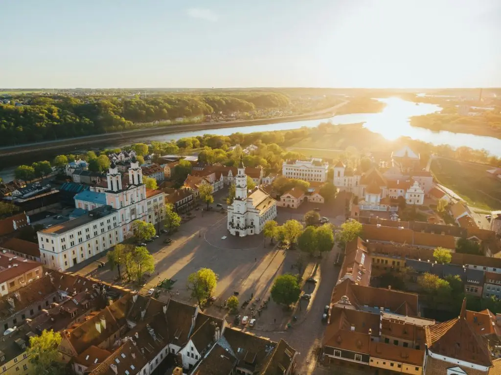 Aerial shot of the Town Hall of Kaunas in Lithuania