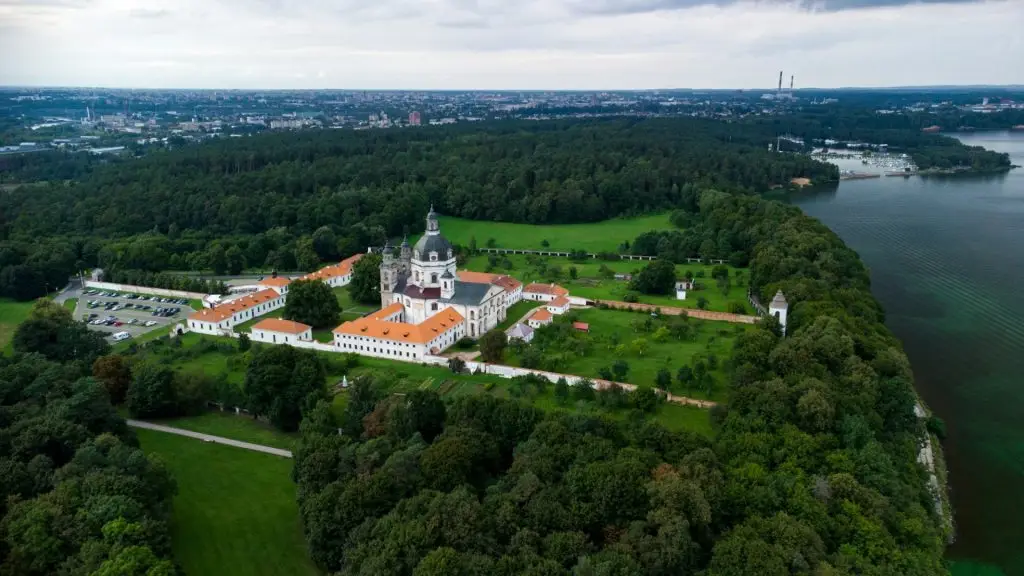 Aerial view of Pazaislis Monastery among the beautiful nature in Kaunas, Lithuania