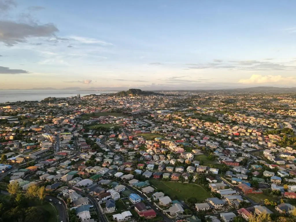 Aerial view of the cityscape of San Fernando against the dusk sky at sunset in Trinidad and Tobago