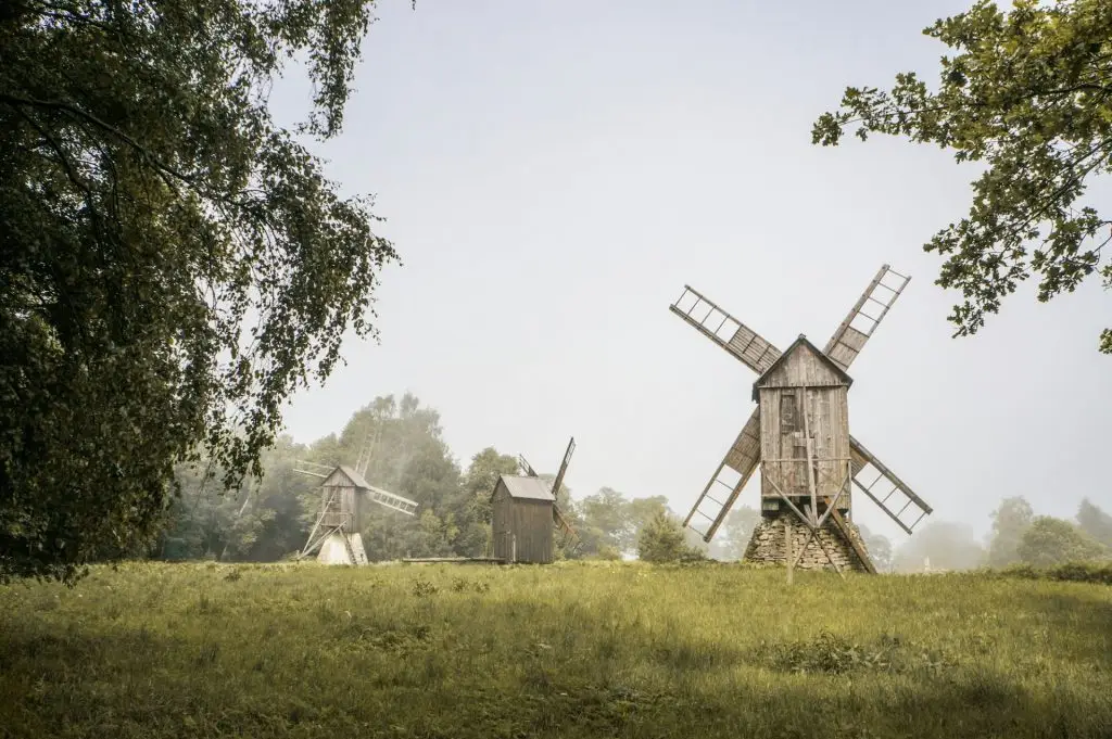 beautiful landscape view of windmills in green field, Estonia, Tallinn