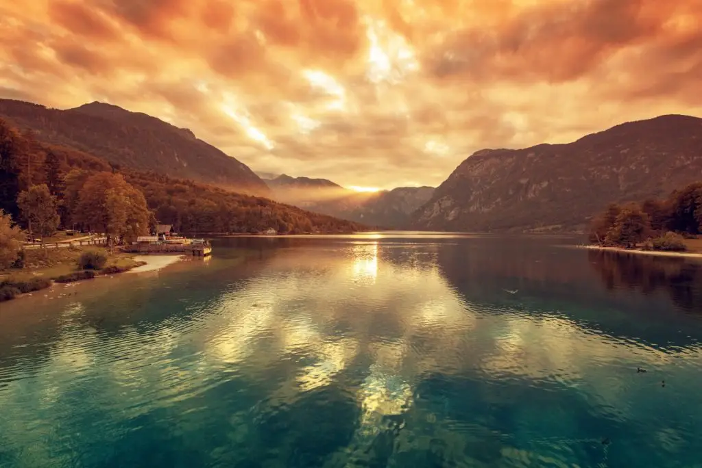Beautiful sunset at Bohinj lake in Slovenia