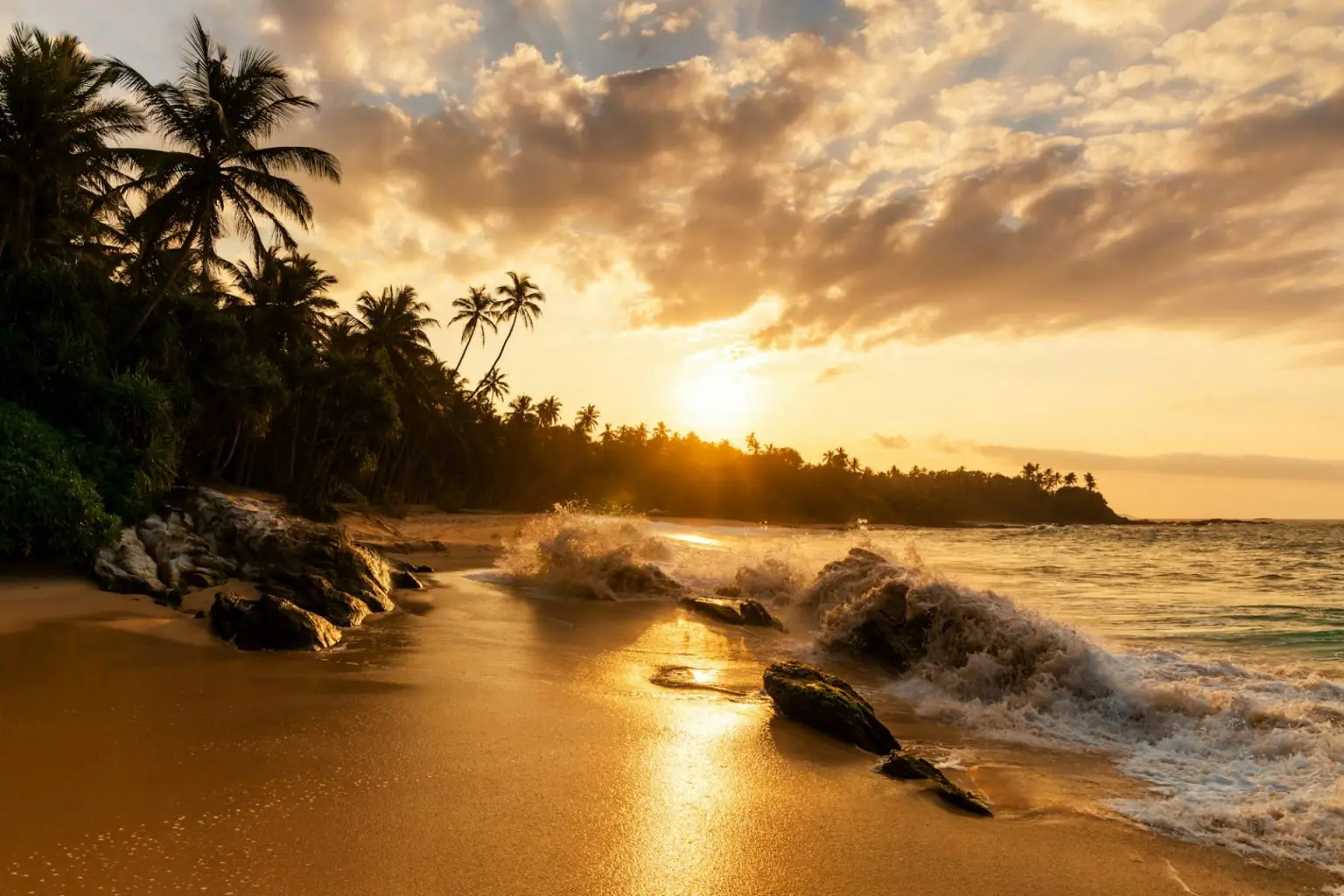 Beautiful sunset on the beach with palms on a Caribbean island