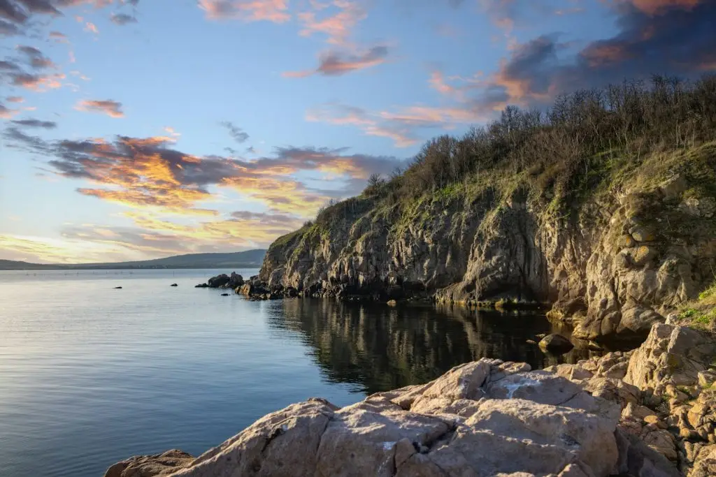 Bulgarian landscape with the Black Sea and stones at sunset