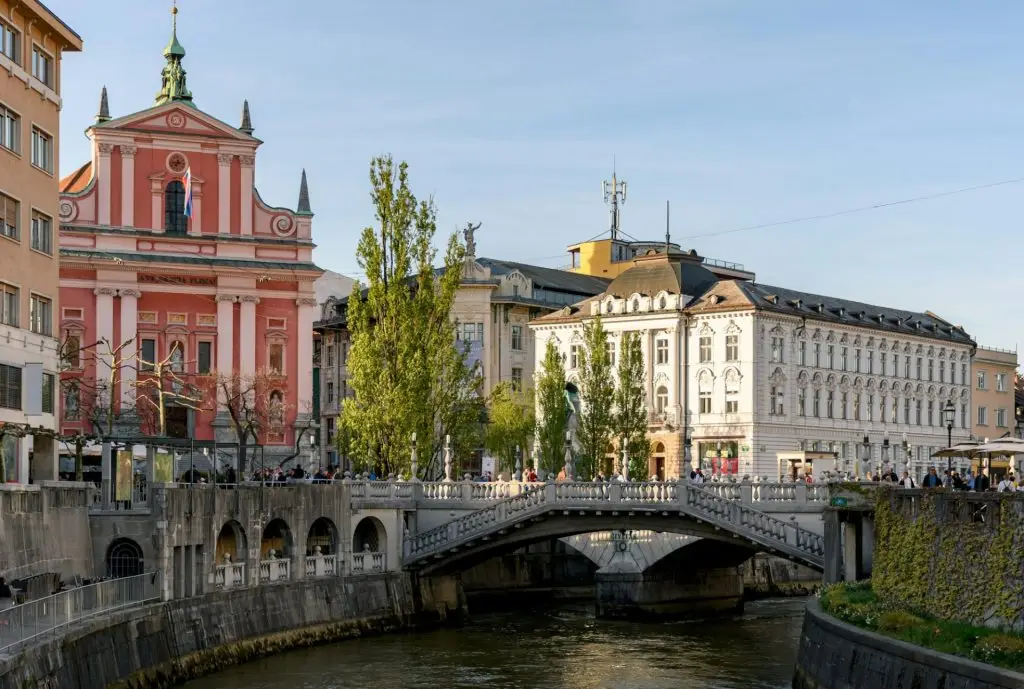 Cityscape of beautiful town with river in Ljubljana, Slovenia.