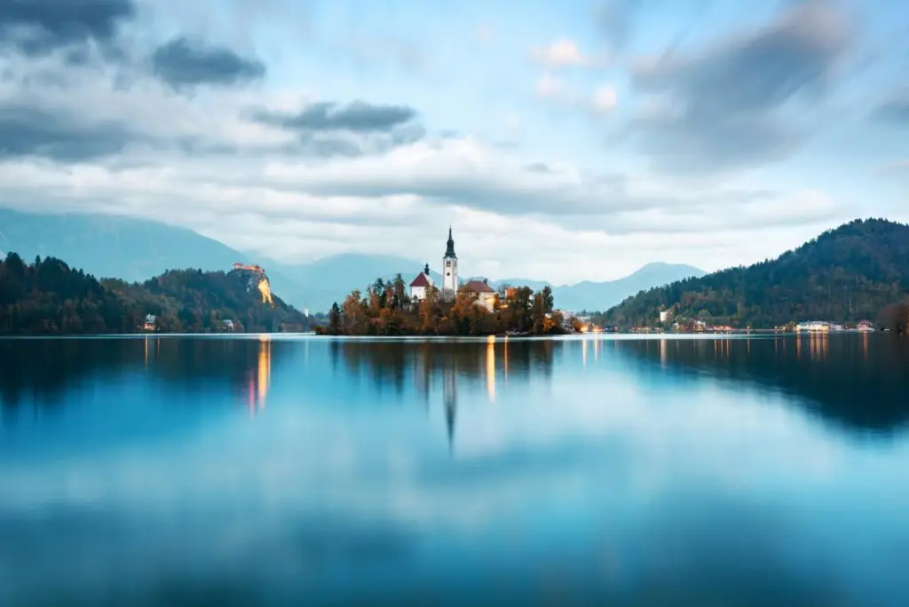 Colorful sunrise view of Bled lake in Julian Alps, Slovenia