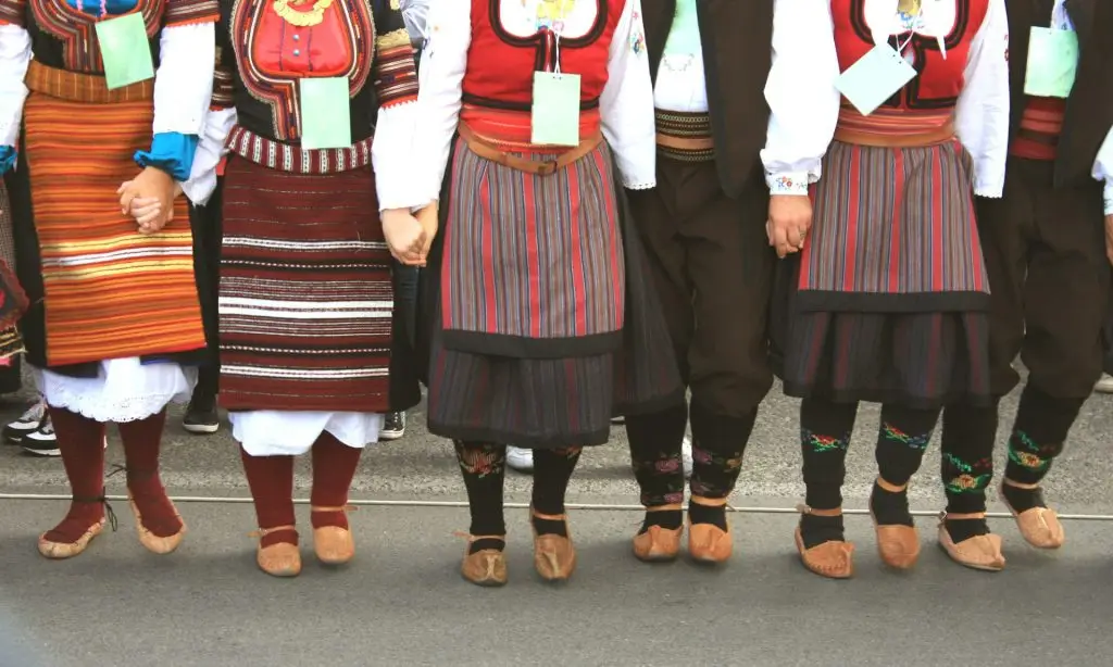 folklore group from Serbia dressed in traditional clothing is preforming Serbian national dances.