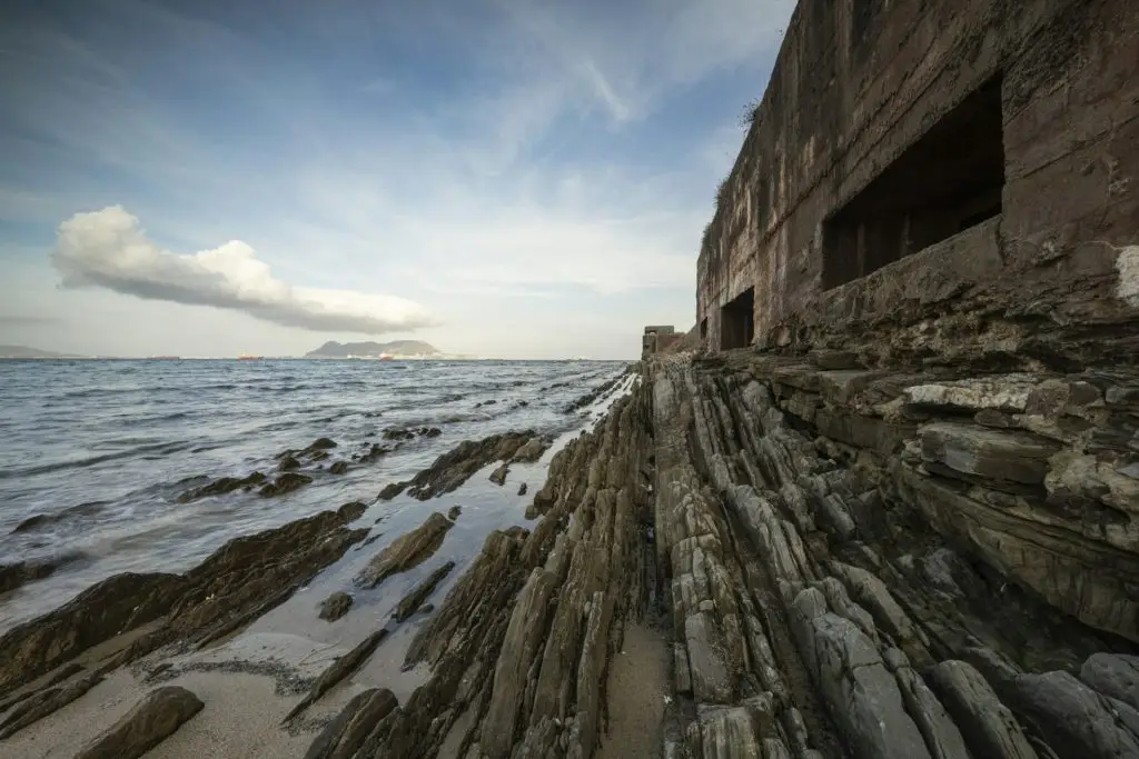 Horizontal shot of a World War II bunker in Getares Beach in front of Gibraltar