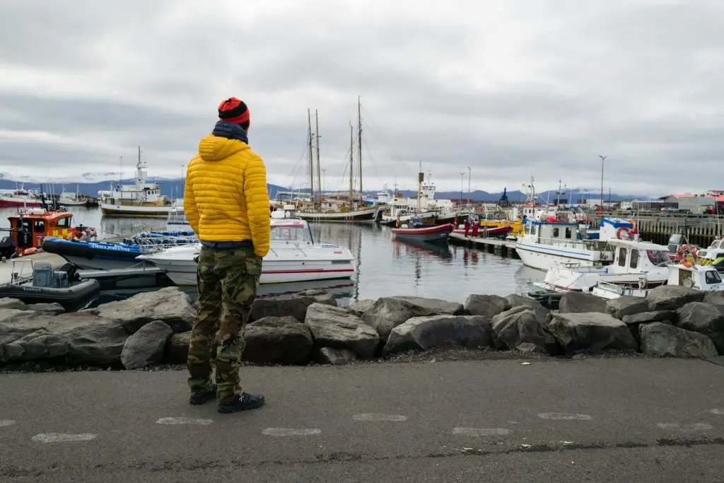 Man in a yellow jacket standing overlooking Husavik harbour with boats