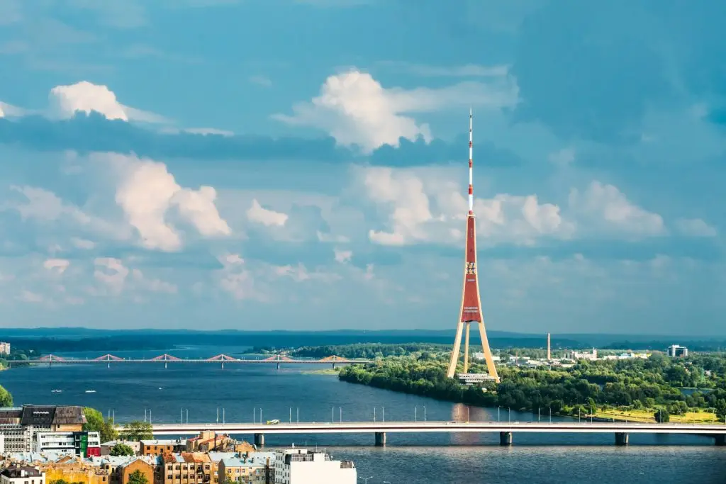 Riga, Latvia. Aerial Cityscape In Sunny Summer Evening. Top View