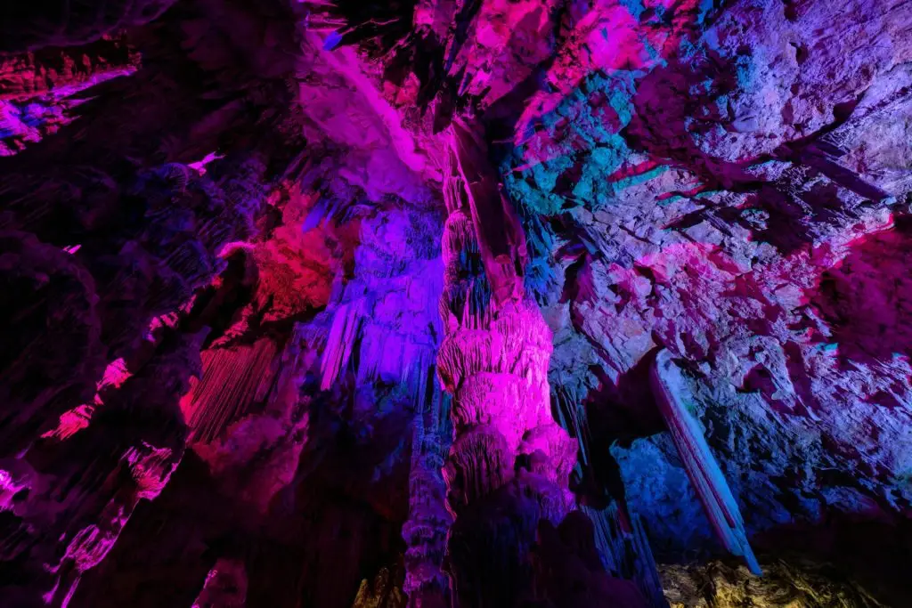 Saint Michael's Cave with colorful lights. Natural Rock Formation. Gibraltar, UK. Nature Background