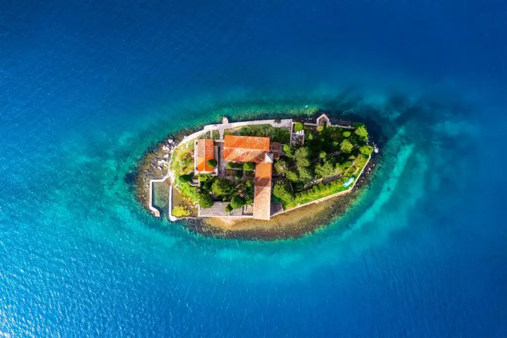 St. George Island. Kotor. Montenegro. Island in the sea in Montenegro. Aerial view on the island.