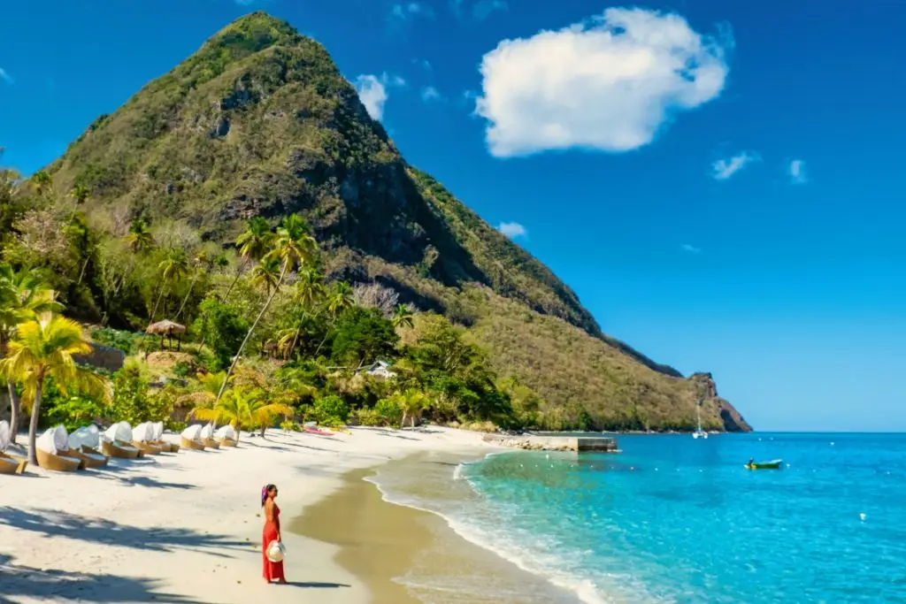 St Lucia Caribbean, woman on vacation at the tropical Island of Saint Lucia