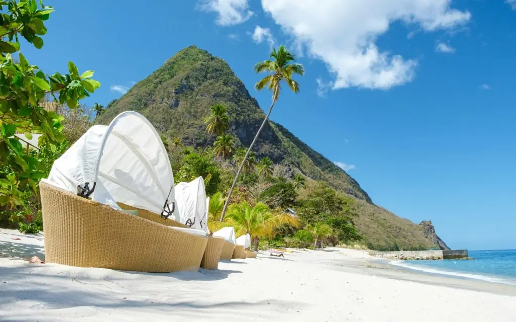 Sugar beach Saint Lucia ,white tropical beach palm trees and luxury beach chairs St Lucia Caribbean