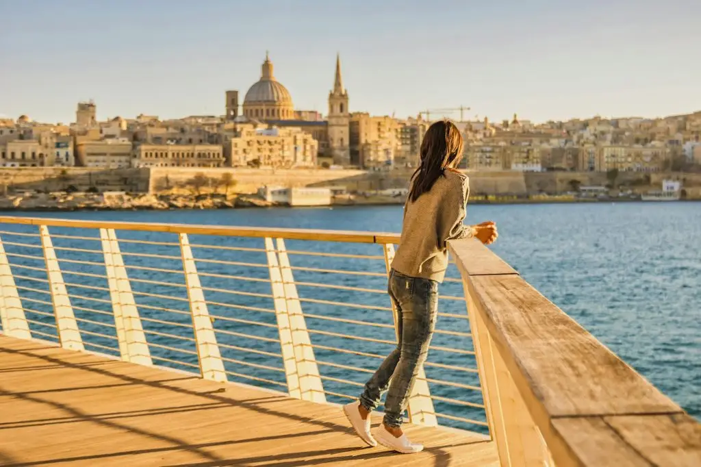 Valletta Malta city Skyline, city skyline Malta Valletta , young woman visit Malta at vacation