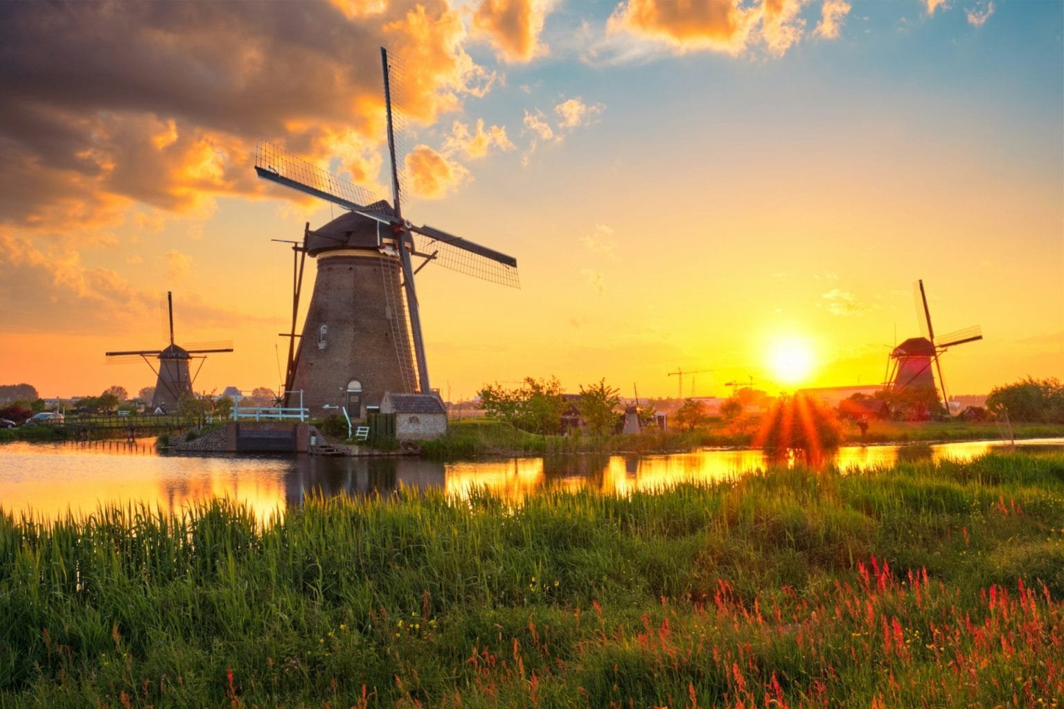 Windmills at Kinderdijk in Holland. Netherlands