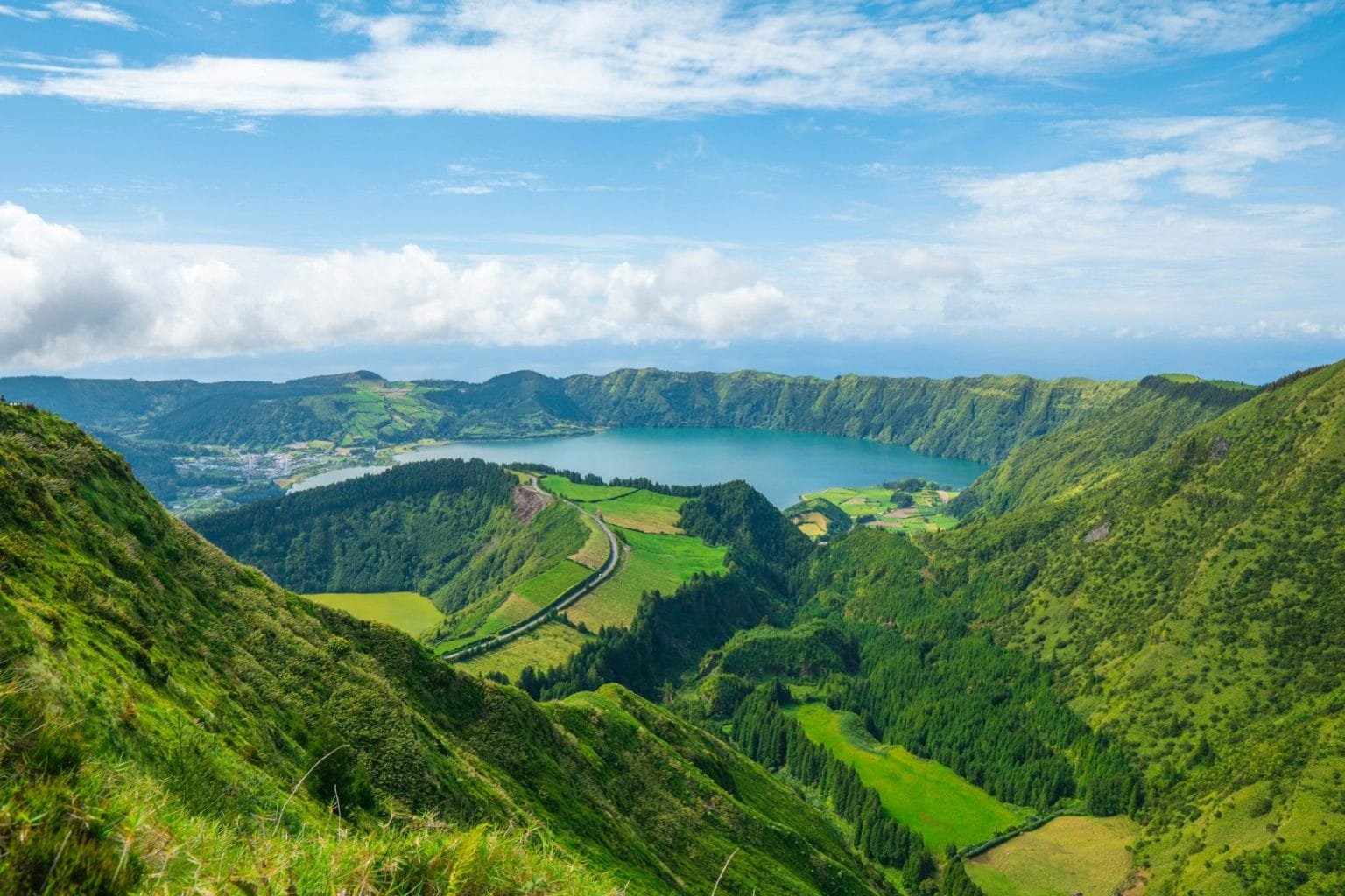 Aerial view of the Lagoa das Sete Cidades lakes on Sao Miguel Azores