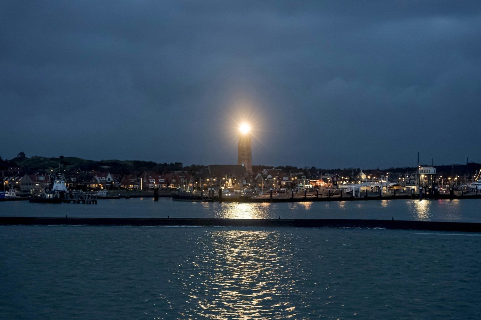 Brandaris Lighthouse captured at night in Terschelling harbor, The Netherlands
