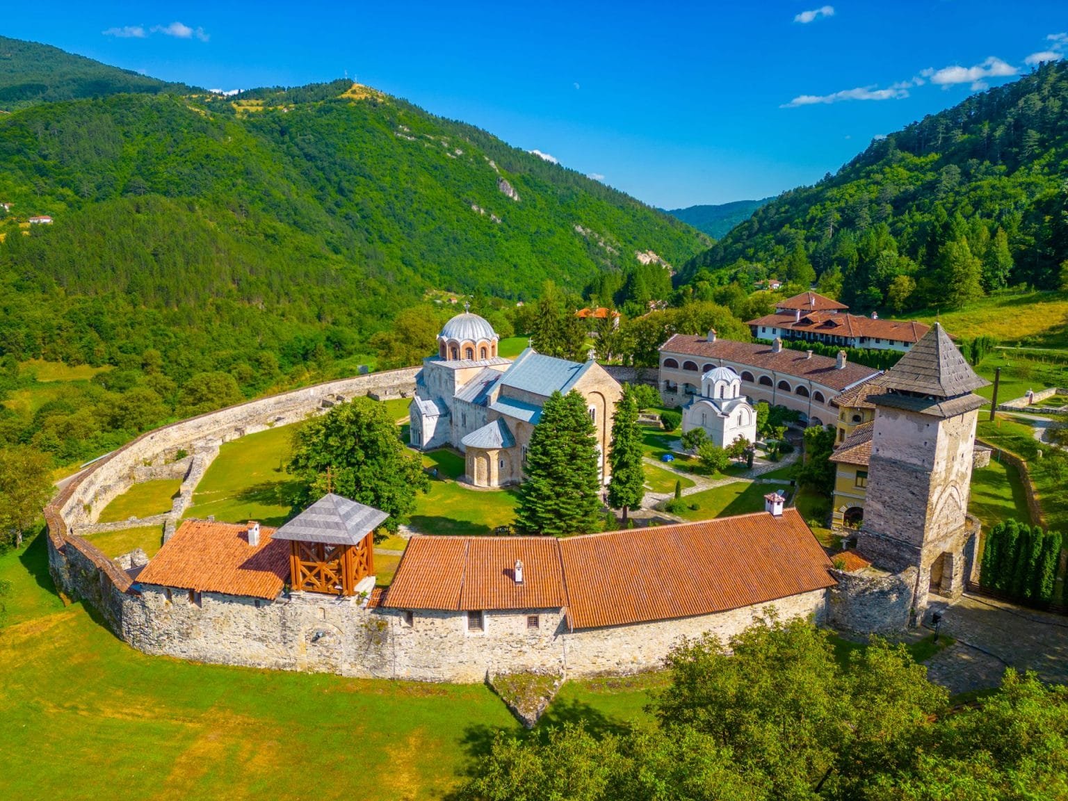 Studenica monastery during a sunny day in Serbia