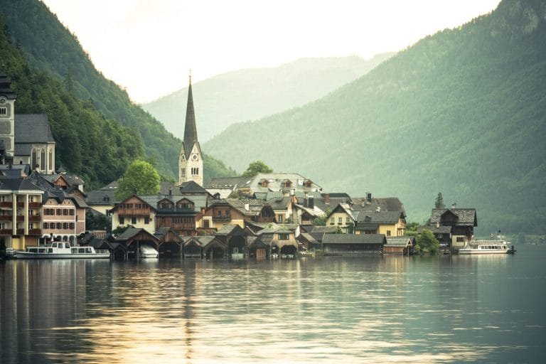 Sunrise over famous Hallstatt fisherman village, Austria