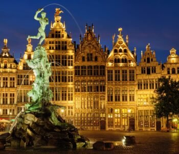 Antwerp Grote Markt with famous Brabo statue and fountain at night, Belgium