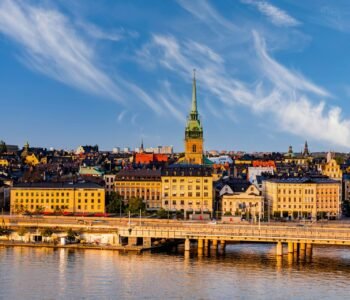 Scenic panoramic view of Gamla Stan, Stockholm at sunset, capital of Sweden