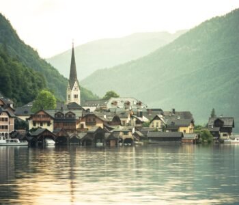 Sunrise over famous Hallstatt fisherman village, Austria