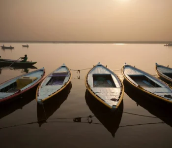The sacred Ganges River at dawn, in Varanasi, India