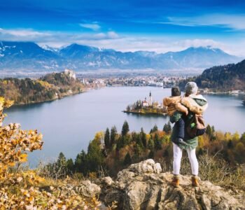 Traveling family looking on Bled Lake, Slovenia, Europe